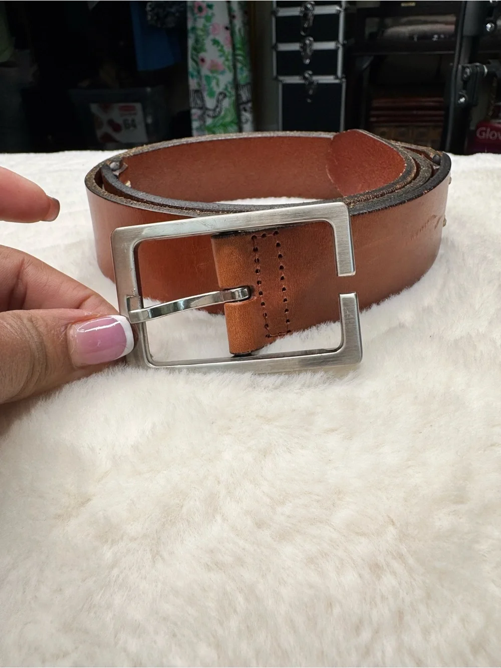 Cole Haan Genuine Leather Brown Belt Silver Rectangle Buckle Size 34/35